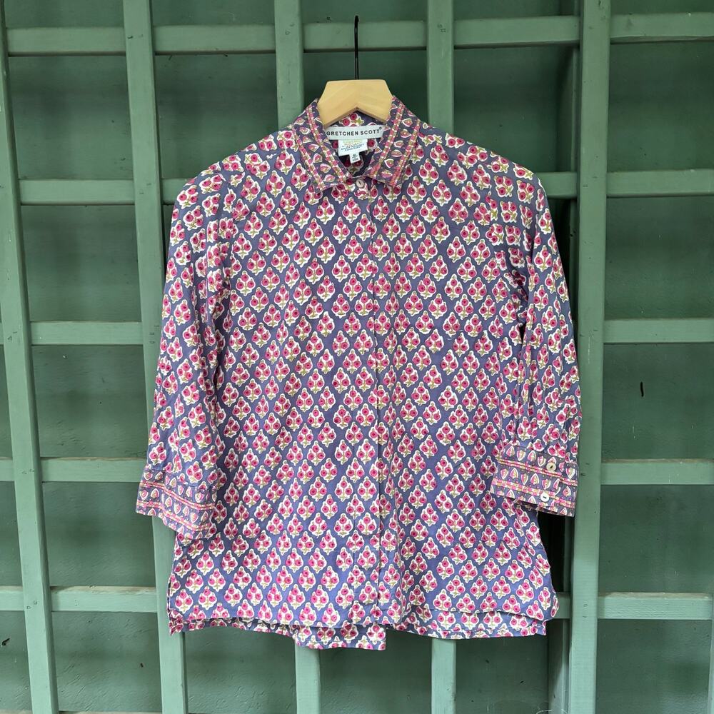 Gretchen Scott Artisan-Inspired Block Print Blouse Sz S boho preppy coastal - Picture 2 of 6